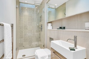 A modern bathroom with a walk-in shower, a large sink, and a mirror.