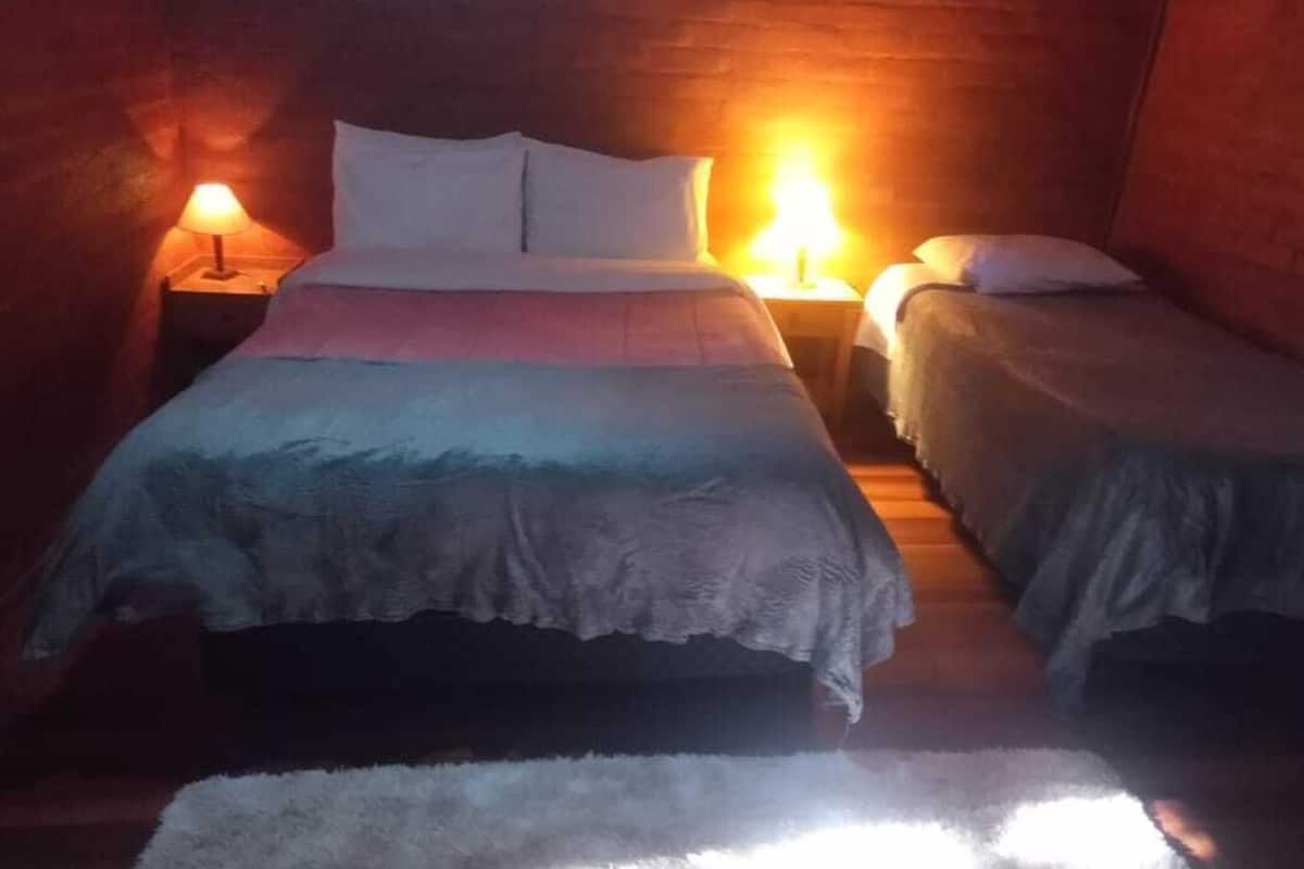 Une chambre dotée d’un grand lit et de deux petits lits, chacun étant muni d’une table de chevet et d’une lampe.