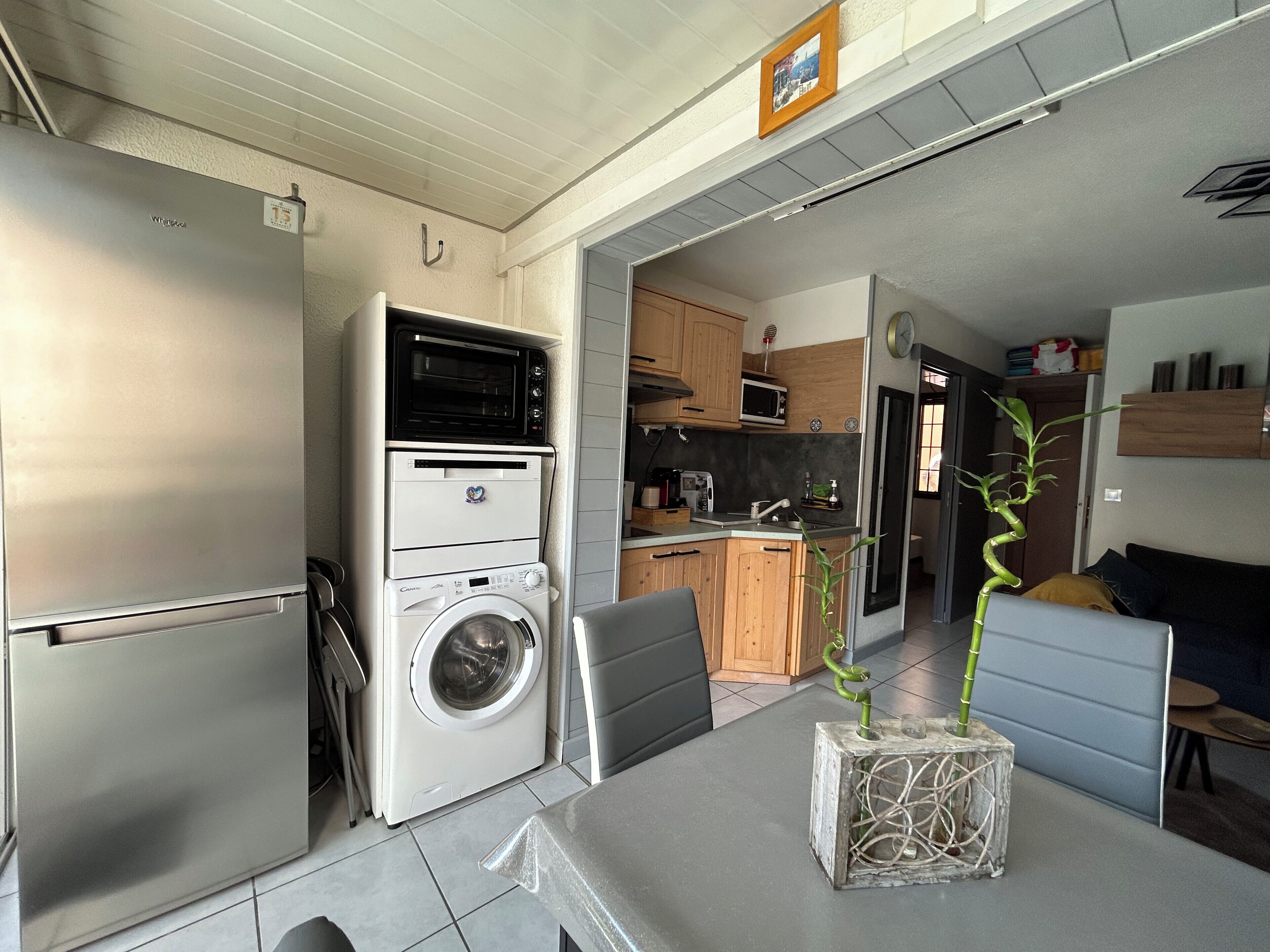Cocina compacta con refrigerador, microondas y lavadora. Hay un comedor con mesa y sillas, y una pequeña planta sobre la mesa.