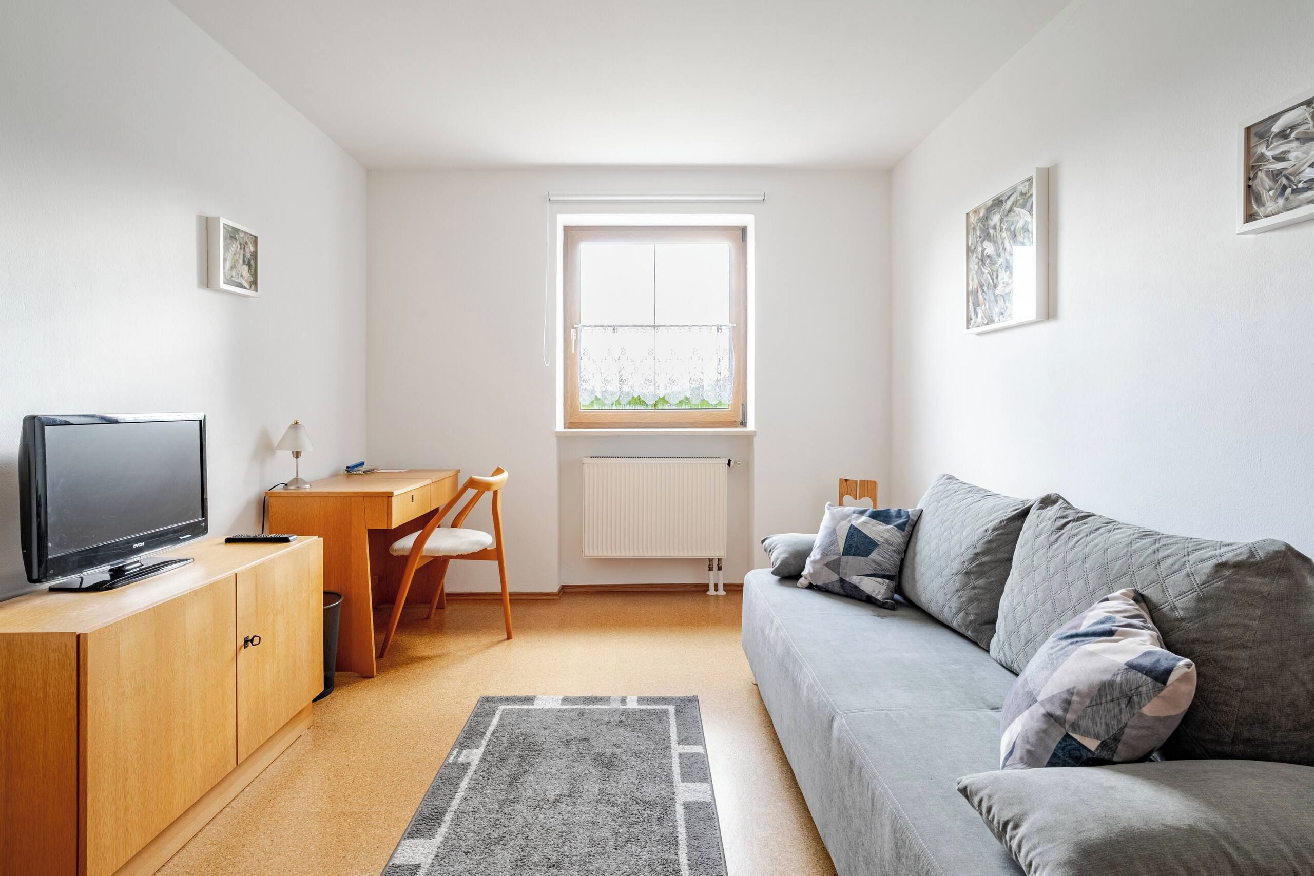 Un espacio habitable compacto con una televisión, un escritorio, una silla, un radiador y un sofá.
