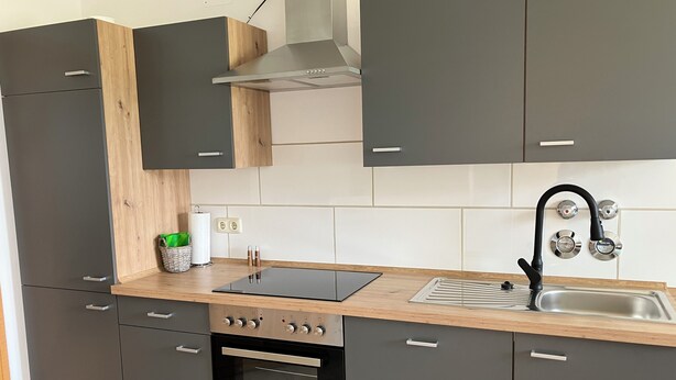 A modern kitchen with dark cabinets, a stainless steel sink, and a built-in oven. - Spacious first floor apartment for the whole family near Buchenberg in Allgäu (Buchenberg)