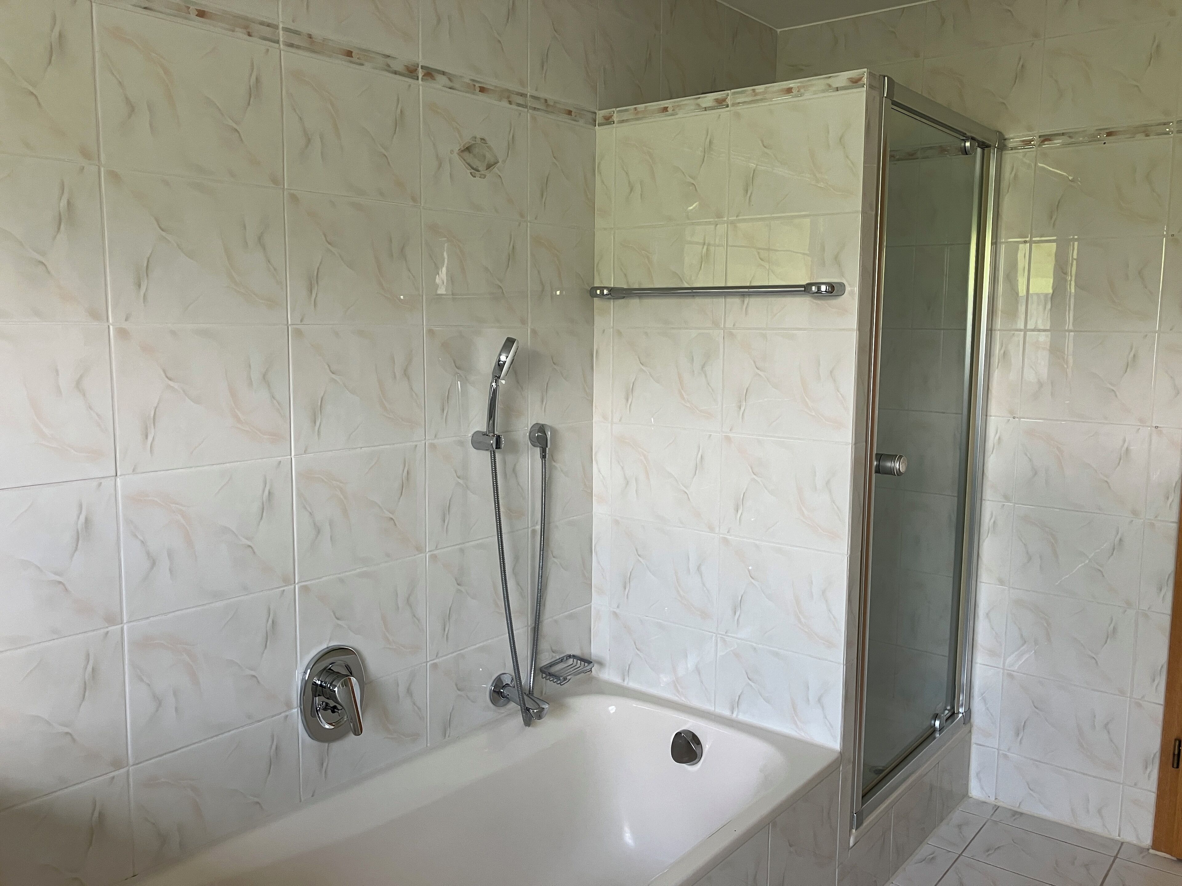 Hair dryer, towels, soap, shampoo
