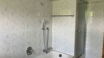 Hair dryer, towels, soap, shampoo