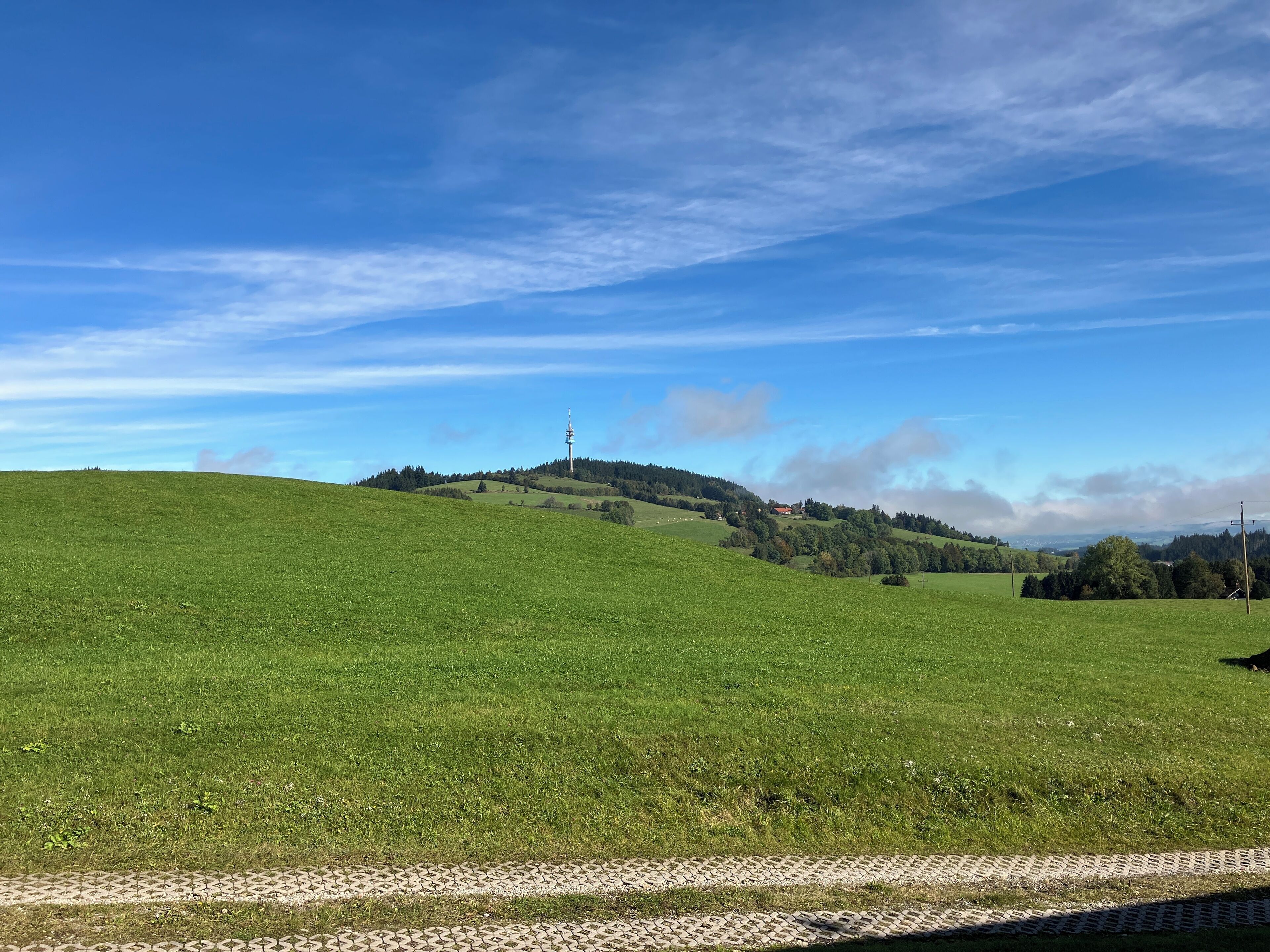 Ein grünes Feld mit einem Hügel und einem Turm in der Ferne.