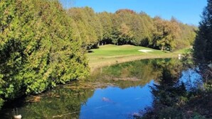Una vista tranquila de un lago con un campo de golf al fondo.