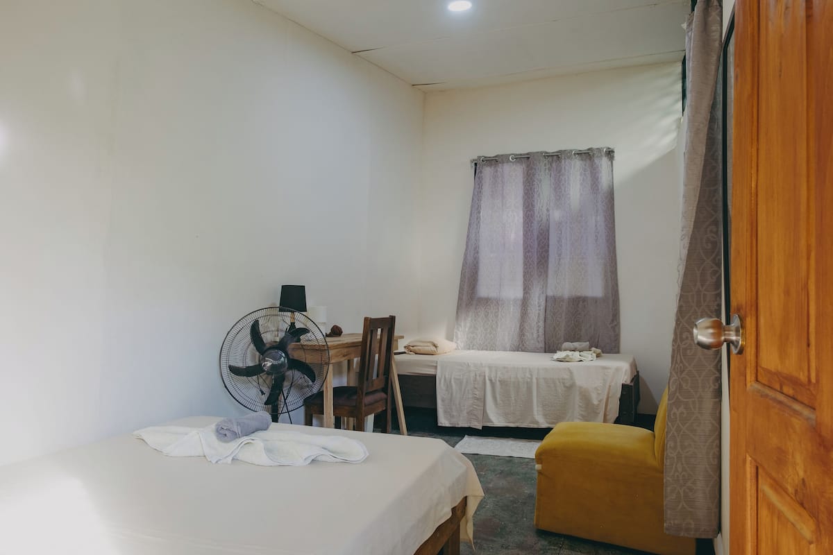 A small, clean room with a bed, a desk with a chair, a fan, and a window with curtains.