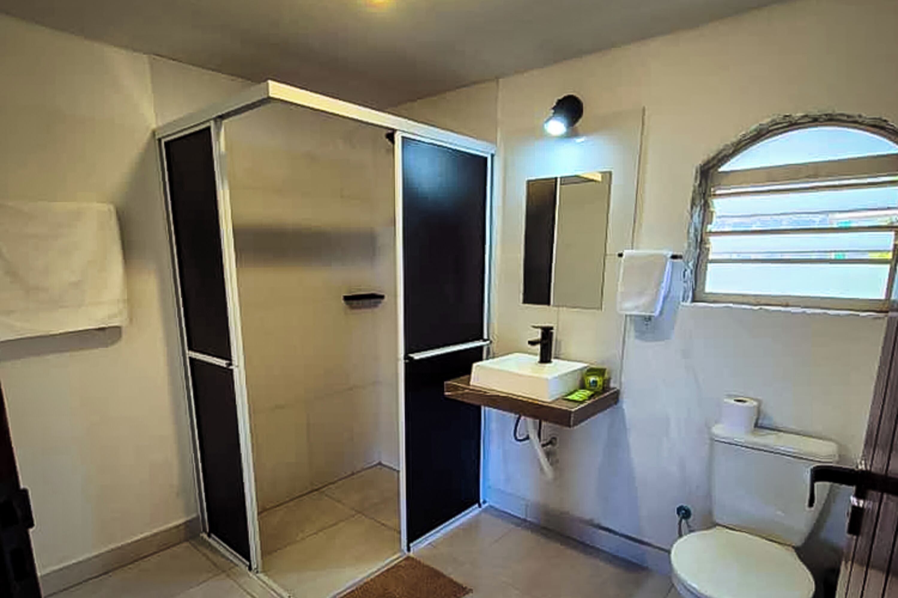 A bathroom with a shower, toilet, sink, and a mirror.