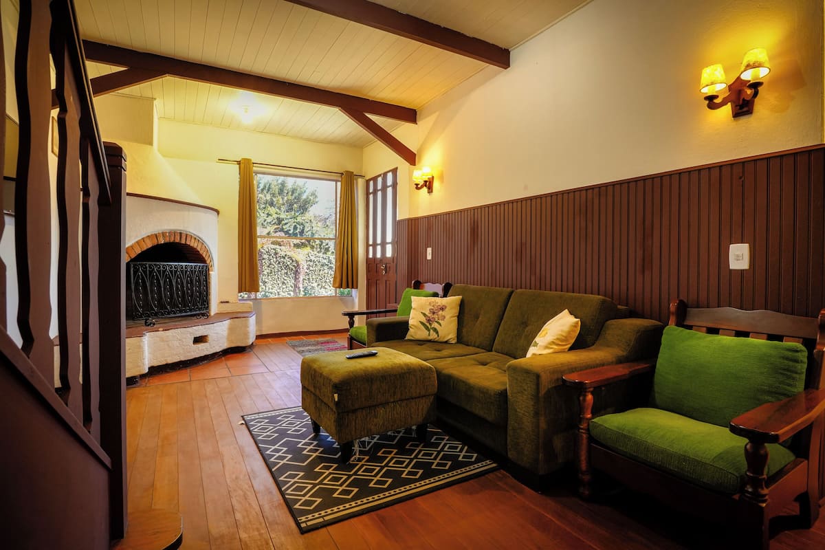 Un salon chaleureux avec une cheminée, des meubles en bois et un tapis à motifs.