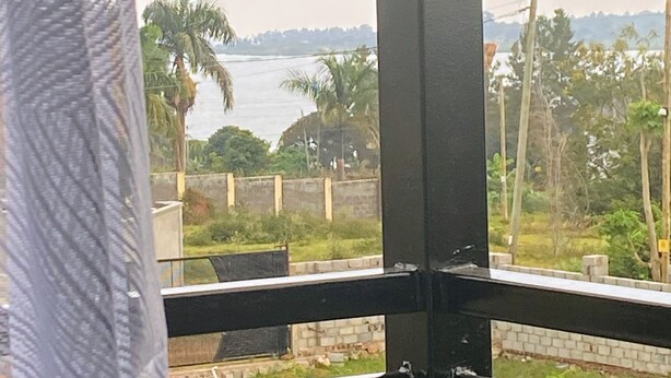 Blick aus einem Fenster mit Metallgitter auf ein Gewässer, Palmen und eine entfernte Küstenlinie.