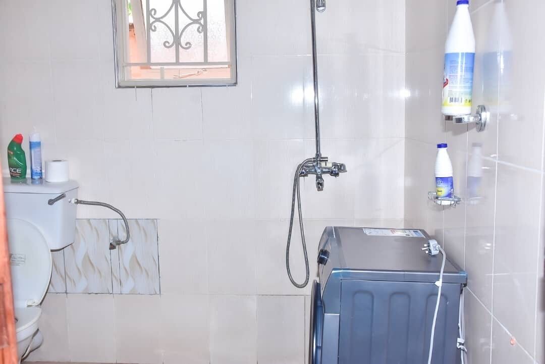 Une salle de bain équipée de toilettes, d’une douche et d’un lave-linge.