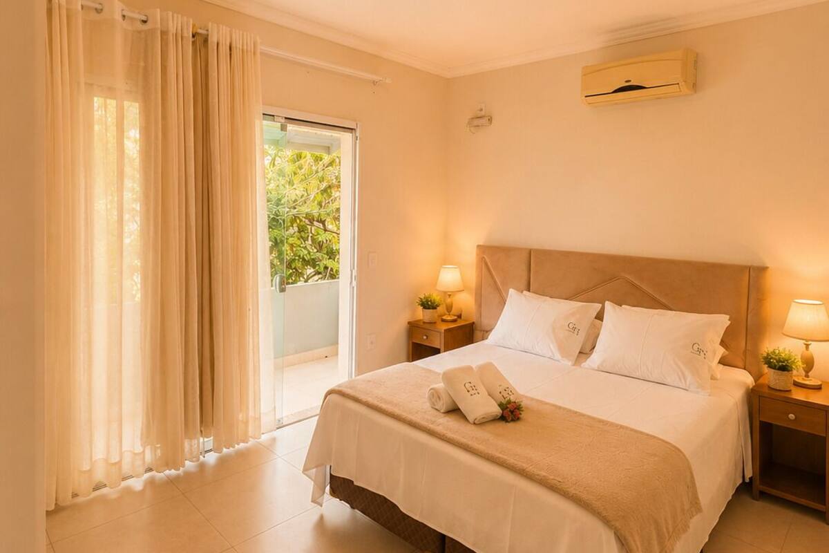 Habitación de hotel con cama, mesita de noche, lámpara, ventana con cortinas y luz en el techo.