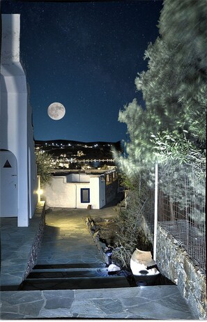 Une scène nocturne avec une vue éclairée par la lune, un chemin de pierre menant à un bâtiment et une clôture ornée de feuillage.