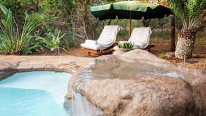 A natural pool with a waterfall, surrounded by lounge chairs and a palm tree. - ETNIKA MANOR HOUSE (Hoedspruit)