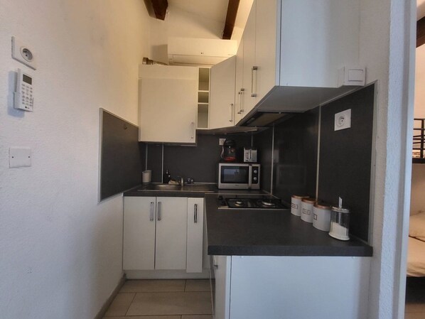 Fridge, microwave, oven, coffee/tea maker