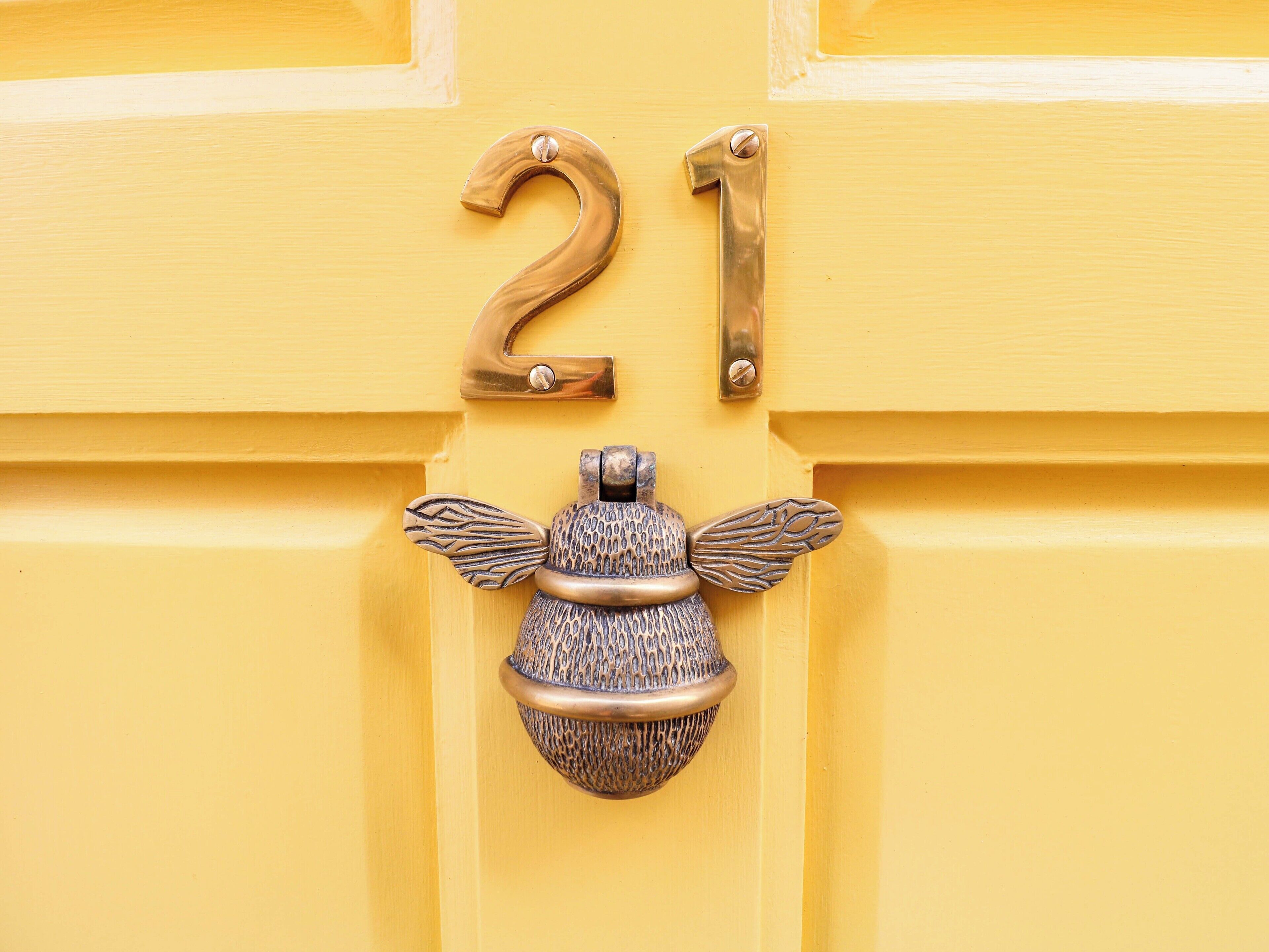 A door with a brass number '21' and a decorative metal knocker shaped like a bird with wings.