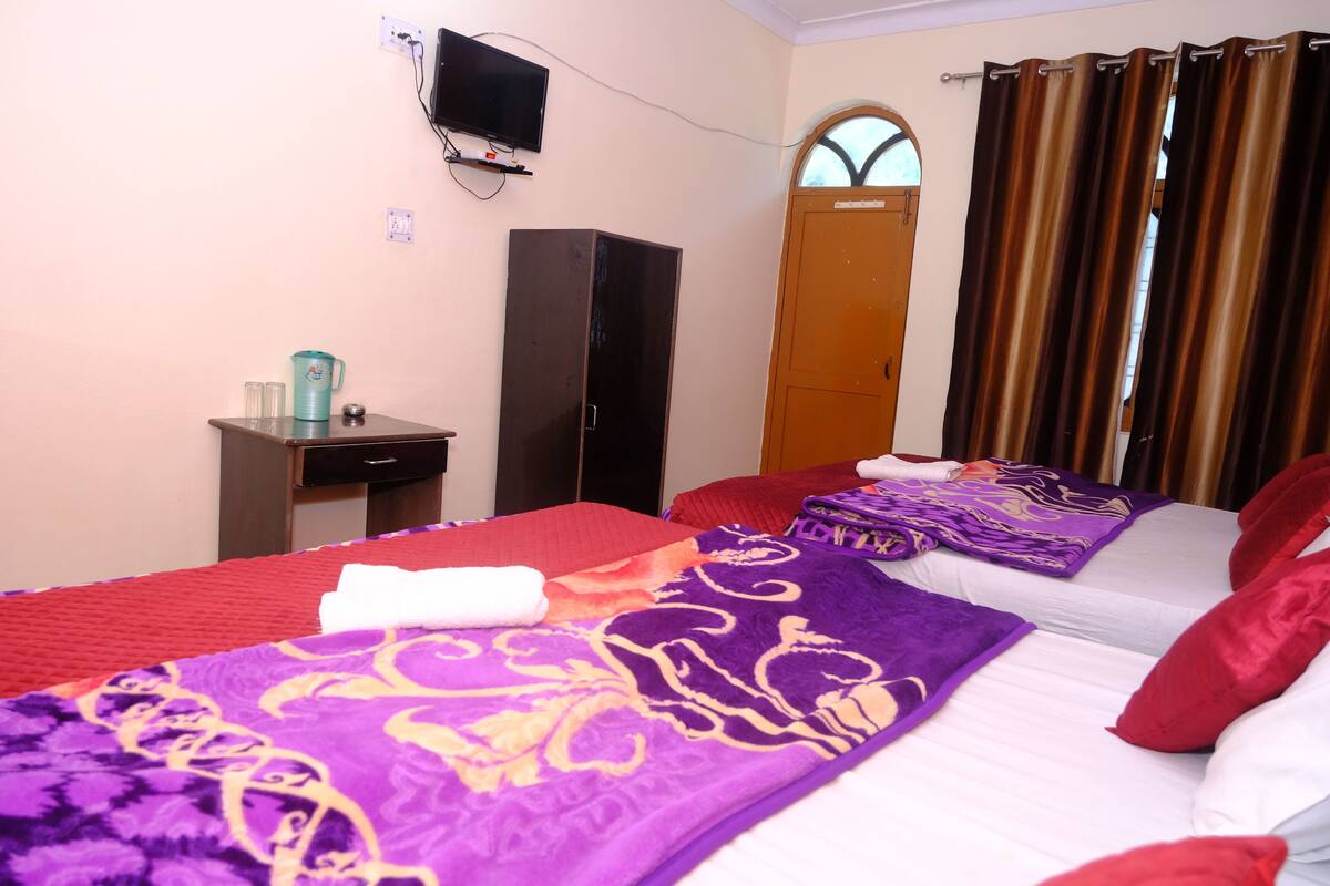 A hotel room with two beds, a TV, a wardrobe, and a window with curtains.