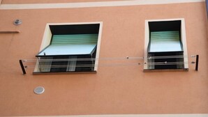 Une façade d’immeuble avec deux fenêtres, chacune dotée d’un garde-corps en métal et d’un auvent vert.
