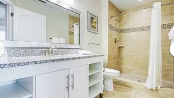 Hair dryer, towels, soap, toilet paper