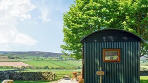 A rustic wooden cabin with a gravel path leading to it, surrounded by lush greenery and a stone wall. - Barn Owl Hut - UK49769 (Westerdale, near Whitby)