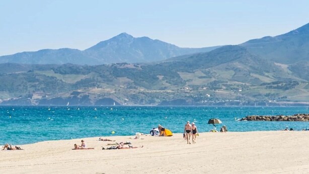 A beach with people sunbathing and walking, a rocky shoreline, and mountains in the background. - HOUSE SLEEPS 8 SEASIDE - PRIVATE POOL - ENCLOSED PARK - PRIVATE PARKING (Saint-Cyprien)
