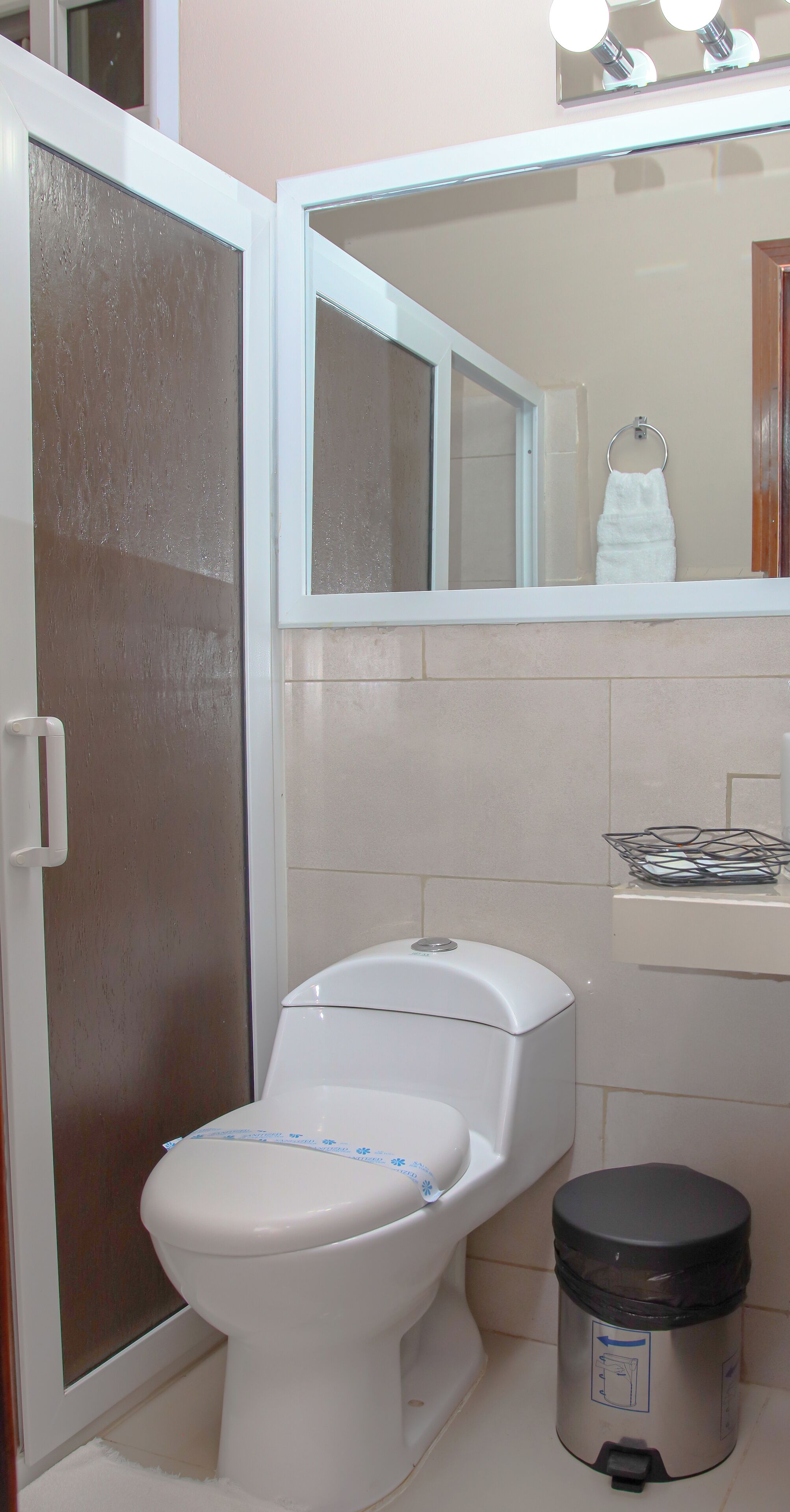 Un baño con inodoro, un cubo de basura, un espejo y un perchero para toallas.