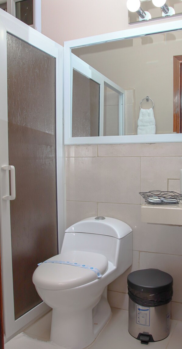 A bathroom with a toilet, a trash bin, a mirror, and a towel rack. - Hotel Colonial (Olanchito)