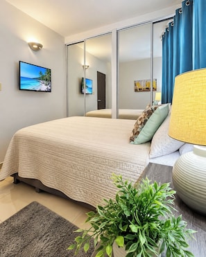 A hotel room with a bed, a television, a mirror, a plant, and a lamp.