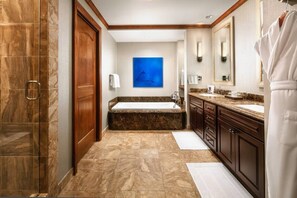 Jetted bath, hair dryer, towels, soap