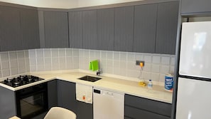 Fridge, oven, dishwasher, cookware/dishes/utensils