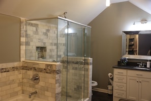 Hair dryer, towels, soap, toilet paper