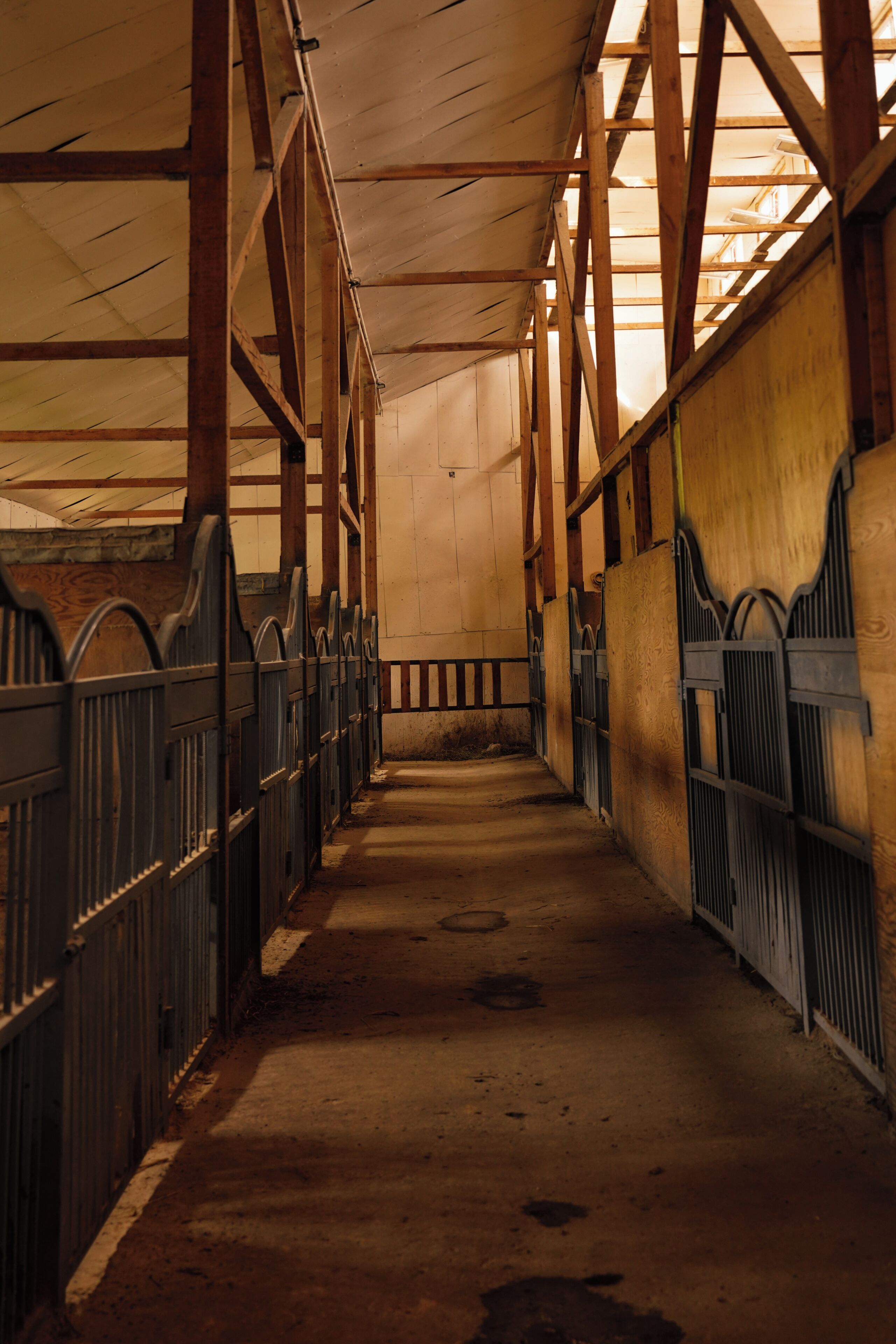 A stable interior with wooden stalls and a central aisle.
