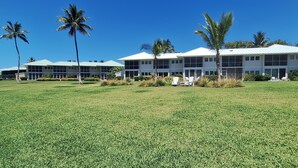 Un hôtel doté d’une grande pelouse, de palmiers et d’un bâtiment blanc avec de nombreuses fenêtres.