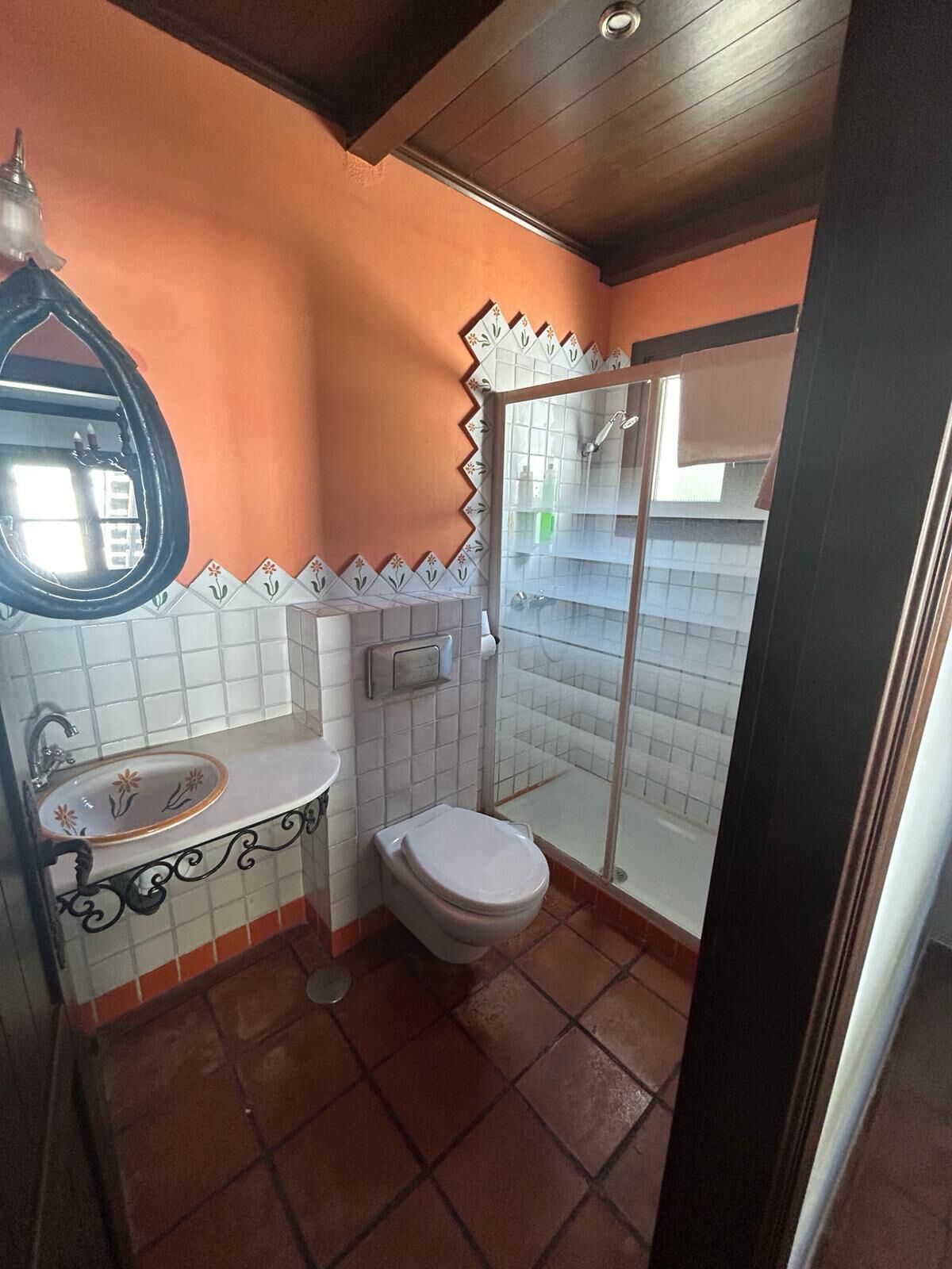 Un baño con inodoro, lavamanos y ducha.