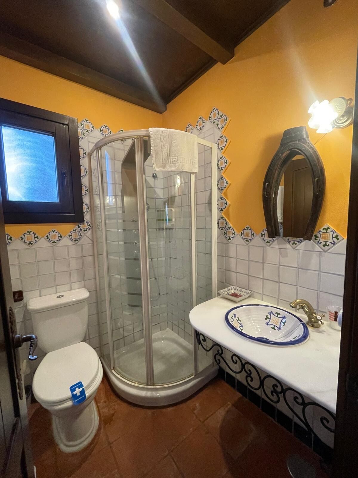 A bathroom with a glass shower enclosure, a toilet, a sink with a decorative basin, and a mirror.