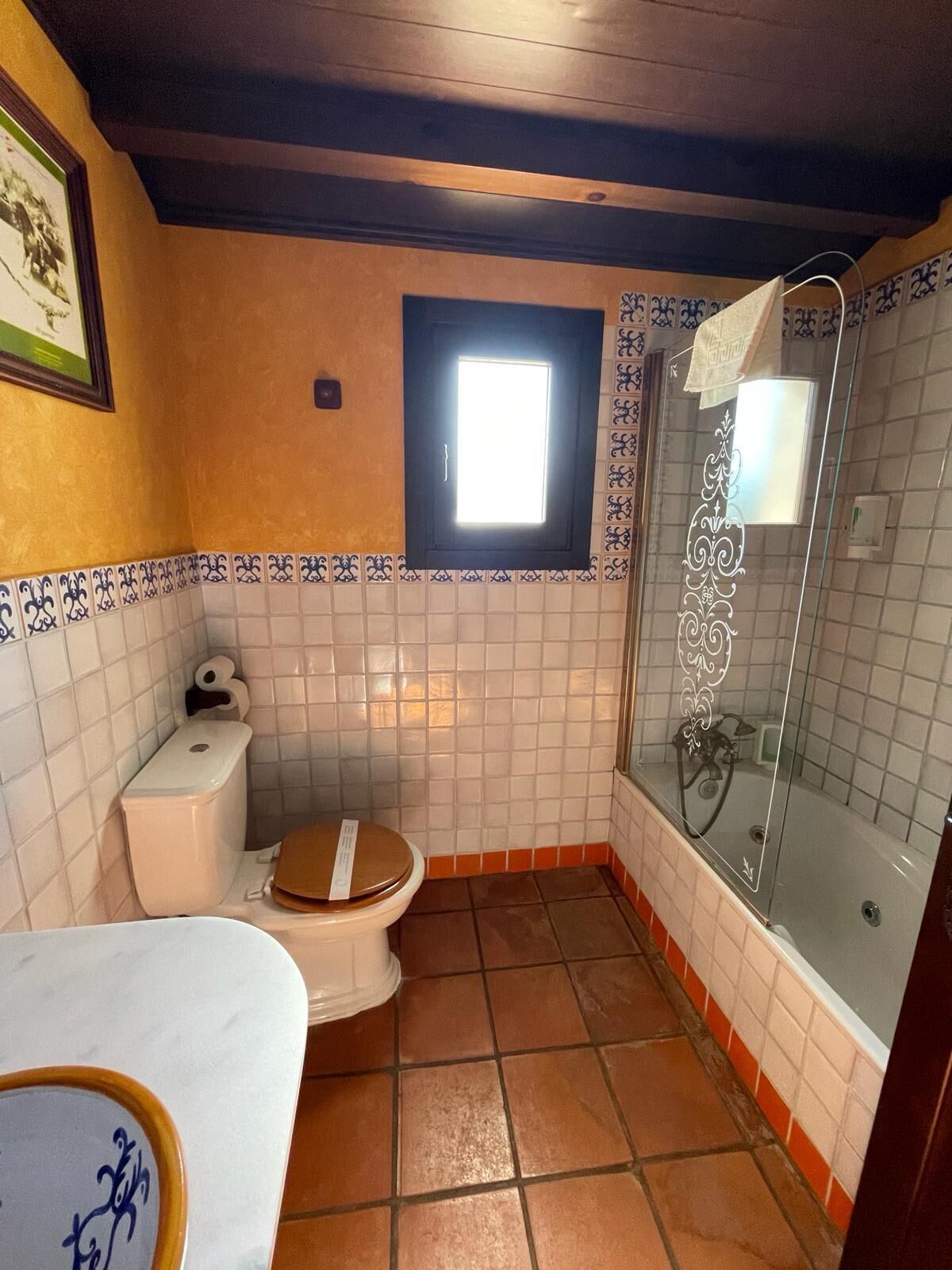 Un baño con inodoro, bidé y zona de ducha.