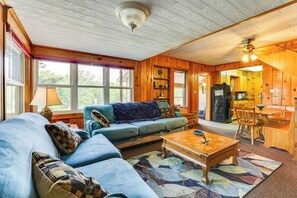 TV, fireplace, books