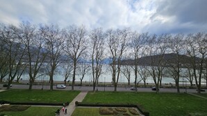 A park with pathways, trees, and a body of water in the background.