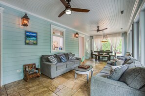 TV, fireplace, books