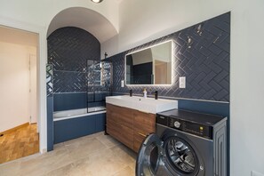 Hair dryer, towels, soap, toilet paper