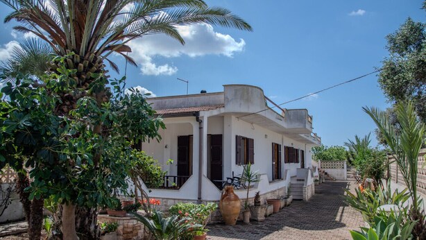 A white building with a covered patio area, surrounded by potted plants and palm trees. - Villa Ada - Leporano Marina (Leporano Marina)