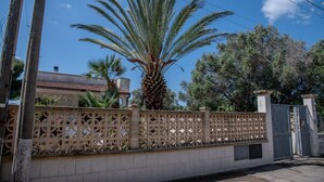 A residential area with a decorative fence, a palm tree, and a building with a tiled roof. - Villa Ada - Leporano Marina (Leporano Marina)