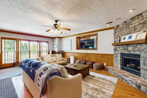 TV, fireplace, video games, foosball