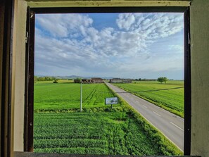 A rural landscape with a road, fields, and buildings in the distance. - Casa Maddalena (Casatisma)