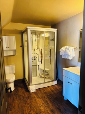 Shower, hair dryer, towels, soap