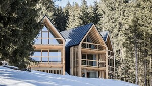 Een chalet met een steil dak, grote ramen en een houten gevel.