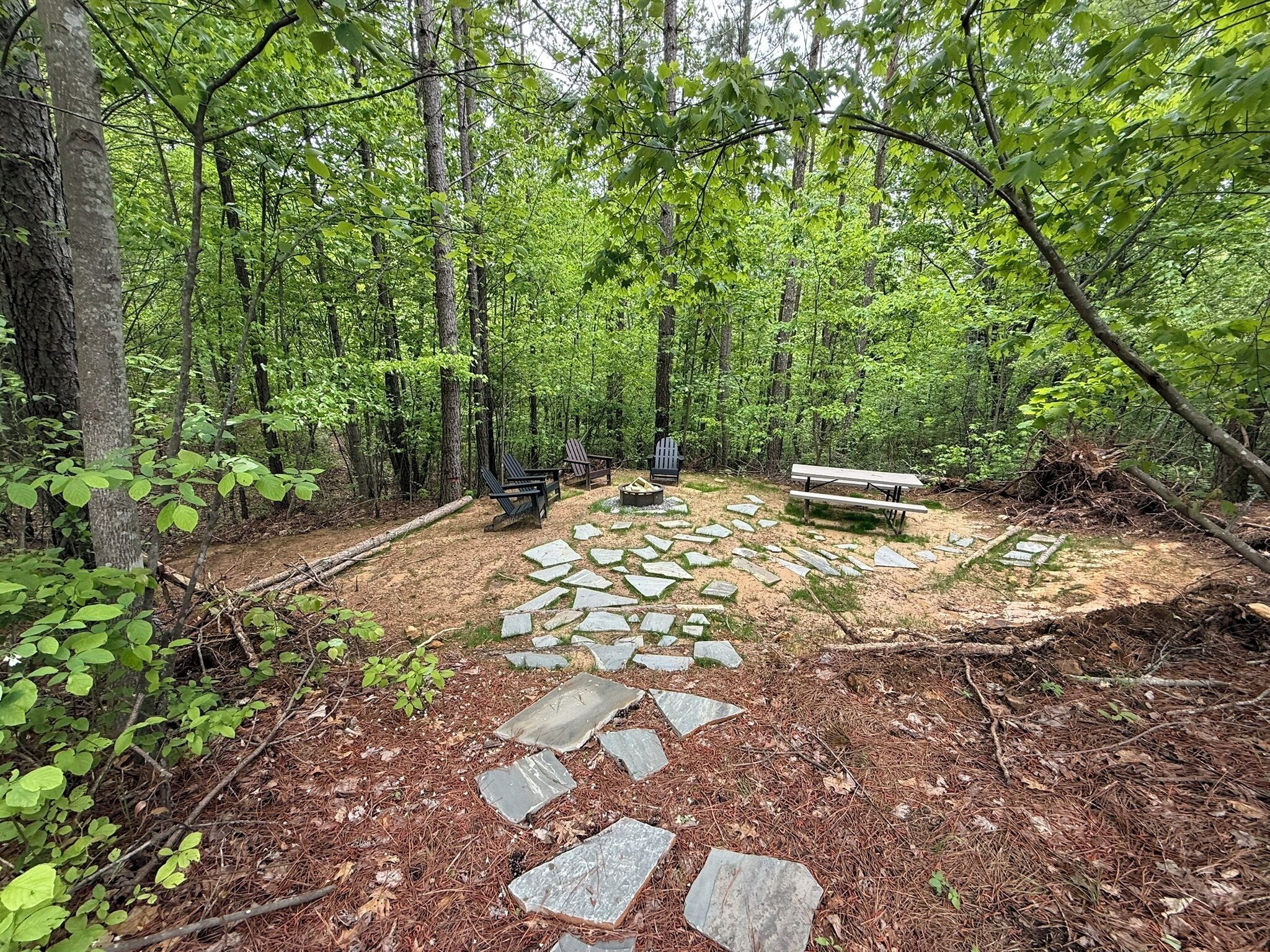 A forested campsite with stone pathways, wooden benches, and a fire pit.