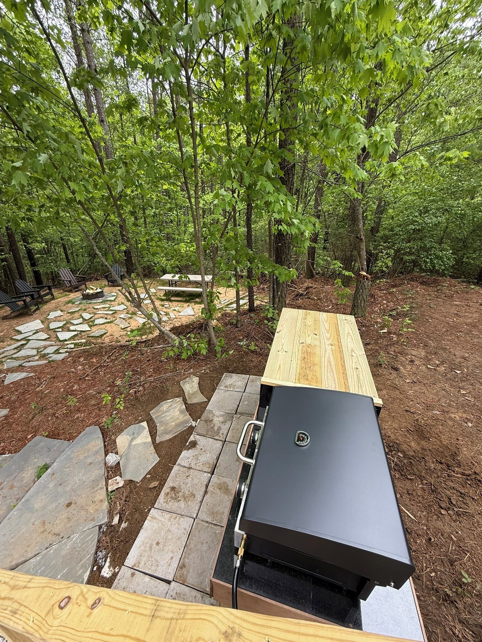 An outdoor patio with a grill, stone pathway, and wooden benches.