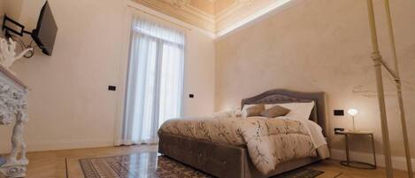 Desk, laptop workspace, blackout curtains, iron/ironing board