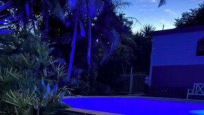 Een houten terras met plantenpotten en een zwembad met blauw licht.