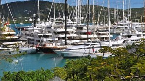A marina with multiple yachts docked.